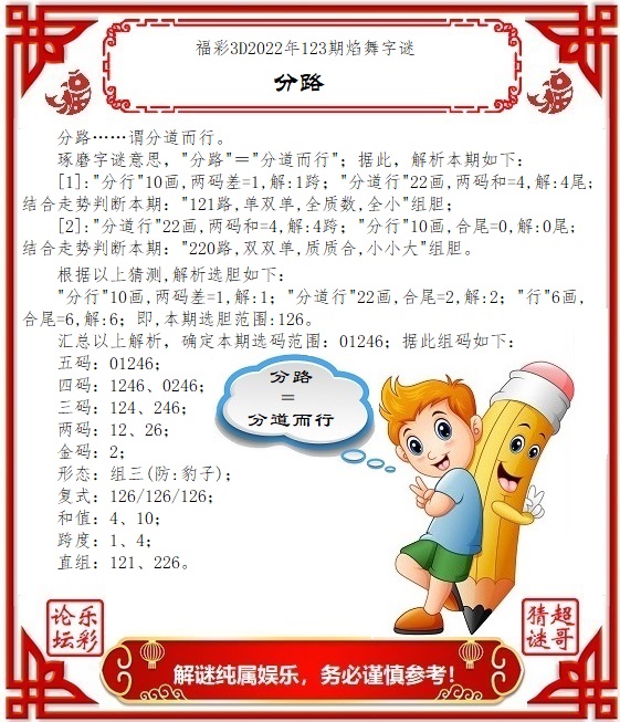 今日福彩焰舞和值字谜分析